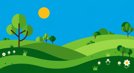 Naklejka premium Earth Day landscape with green hills and blue sky, flat design 