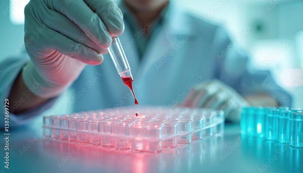 Poster Scientist uses pipette, microarray plates. High-throughput cell analysis, medical biotech. Parallel testing method. Research laboratory, diagnostic lab work. Innovation for science.
