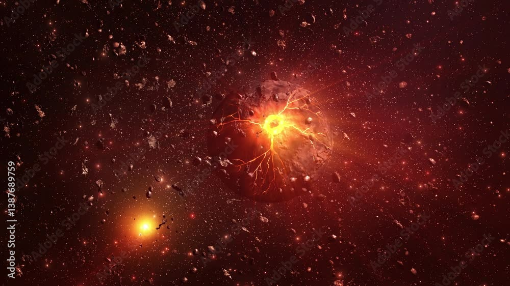 Poster dying alien planet glowing in deep space with asteroids, 3d rendering