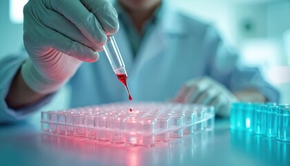Scientist uses pipette, microarray plates. High-throughput cell analysis, medical biotech. Parallel testing method. Research laboratory, diagnostic lab work. Innovation for science.