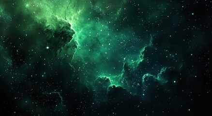 Beautiful green nebulas and bright stars fill the dark cosmos