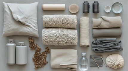 Minimalist home essentials arranged in warm earthy tones for sustainable and simple living inspiration.