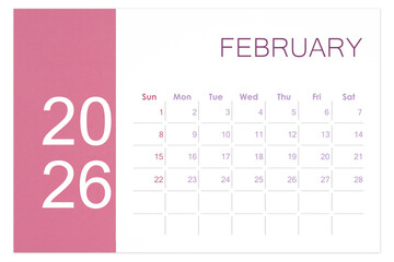 February 2026 Blank calendar page isolated on white background.