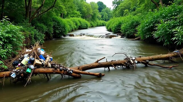 Garbage and Plastic Waste Trapped on Fallen Tree Across River in Forest Showing Environmental Pollution and Water Contamination Problem