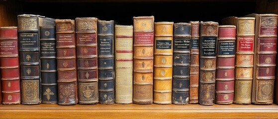 Row of antique leather-bound books on a shelf