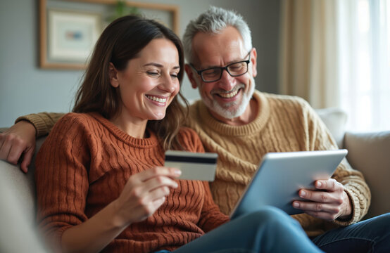 Happy couple shopping online with credit card at home. Man, woman using tablet for payment, buying accommodation, flight tickets for holiday. Smiling people satisfied with offer, deals for online