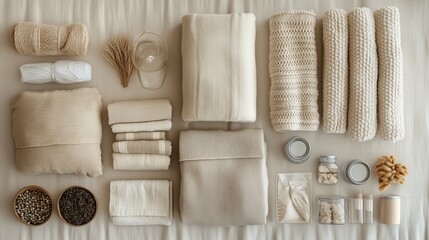Minimalist home essentials arranged in warm earthy tones for sustainable and simple living inspiration.
