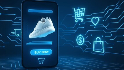 E-commerce Revolution: A high-tech illustration of a futuristic smartphone app showcasing a stylish sneaker, symbolizing the ease and convenience of online shopping, digital commerce. - Powered by Adobe