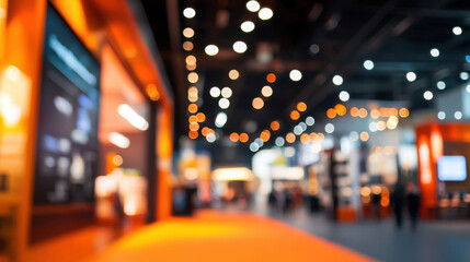 Blurred trade show exhibit hall background for events and conferences with bokeh lights and crowd of people