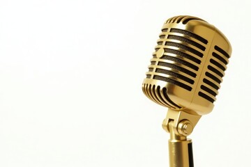 Close-up shot of a single gold microphone isolated on white , luxury, golden