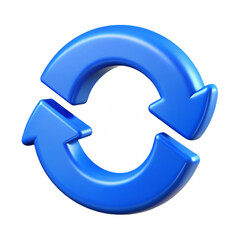 Blue two arrows icon or refresh symbol in 3D illustration with a modern background design