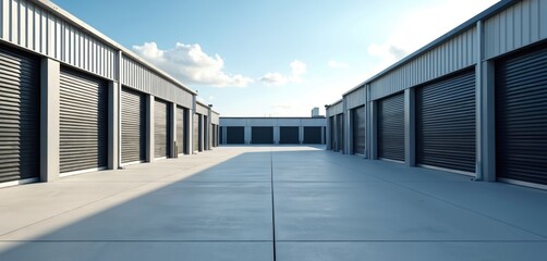 Modern self-storage facility. Rows of storage units with black doors under blue sky. Exterior architecture. Commercial building. Secure rental space for residential or business needs.