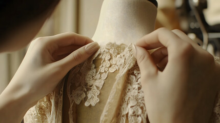 Skilled Seamstress Adjusting Garment on Mannequin with Lace Details on Collar