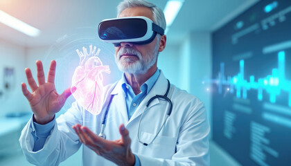 Doctor uses VR glasses looks at heart hologram. Medical pro worker using virtual reality tech while diagnosis heart symptom using medical data. Futuristic tech in healthcare.