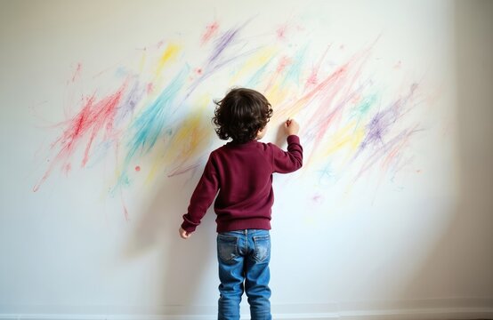 Young child draws with colored pencils on white wall. Boy is absorbed creative process. Child shows artistic skills. Playful activity in room. Creative expression. Happy childhood moment.