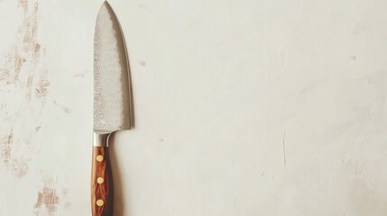 Artisan kitchen knife with wood handle and patterned blade on rustic white surface ready for food preparation.
