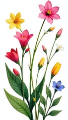 Obraz premium Colorful flowers and leaves isolated on white background, floral, green