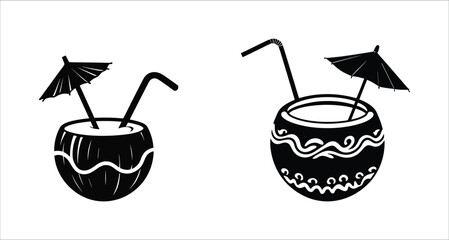 Summer coconut drink icons vector design. Coconut drink icons with straw and umbrella vector art. Summer coconut drink with straw and umbrella silhouettes