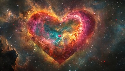 A colorful cosmic heart formed from nebula and stardust