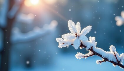 Crystalline frost on winter branch, stark white, details, organic