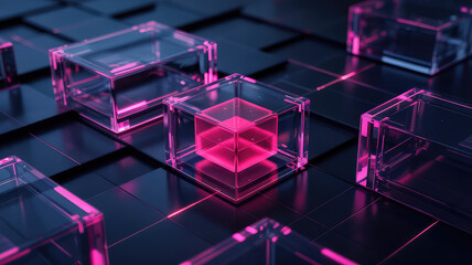 Technological Cubes: Futuristic geometric composition with translucent cubes, one glowing in the center, arranged on a dark surface, representing complex data and innovative digital concepts.