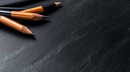 Obraz premium Sharpened gold and black pencils placed on a dark textured slate background with copy space.