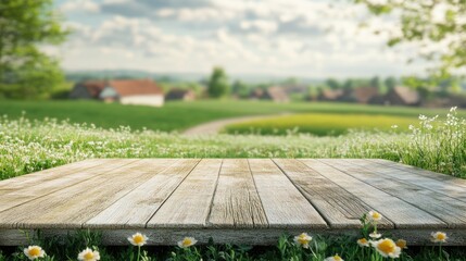 Rustic wood tabletop against a dreamy pastoral landscape in soft focus