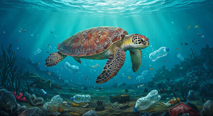 Fototapeta premium sea turtle surrounded by trash, digital art