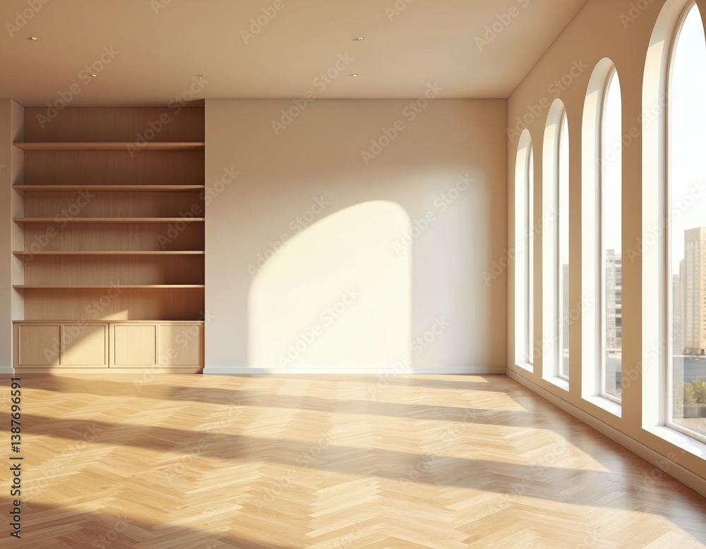 Leinwandbilder empty minimalist interior room with arched windows. modern style apartment with wooden floor parquet