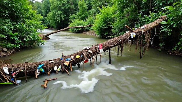 Garbage and Plastic Waste Trapped on Fallen Tree Across River in Forest Showing Environmental Pollution and Water Contamination Problem