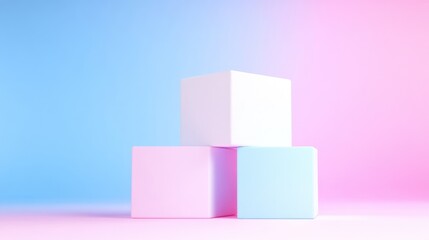 Naklejka premium Pastel colored geometric cubes stacked as a product display pedestal on a pink and blue gradient background.