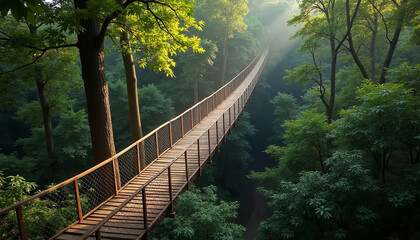 Obraz premium Tranquil Wooden Bridge in a Lush Forest