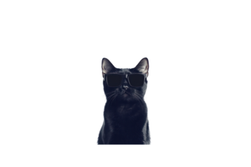 A mischievous black cat with trendy square sunglasses, tilting its head slightly, centered on a minimal white background