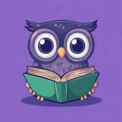 A cute cartoon owl is reading an open green book