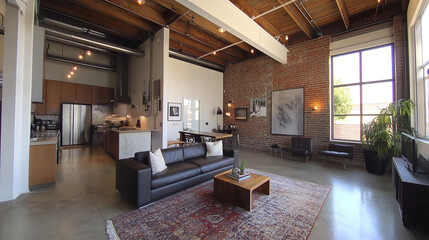 Industrial loft with high ceiling and exposed beams, featuring cozy living area