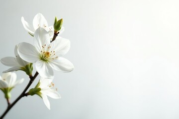 Fototapeta premium Delicate white blossoms against pure white backdrop, peaceful, floral