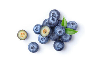 Flat lay of blueberries isolated on white.