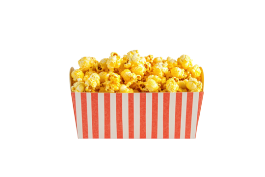 A red-and-white striped box filled with freshly popped golden popcorn, placed against a clean white background
