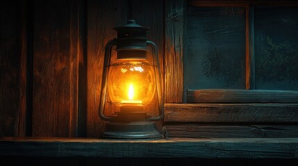 Rustic kerosene lamp illuminates a dark wooden wall