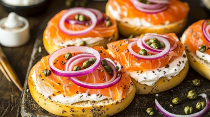 Obraz premium Delicious Smoked Salmon Bagels with Cream Cheese and Red Onion Garnish