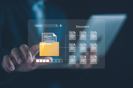 Document management concept, Businessman check electronic data on digital on virtual screen, Document Management System and process automation to efficiently paperless operate