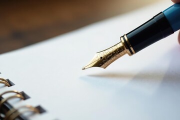 Elegant fountain pen poised above pristine white paper , metallic, work, macro