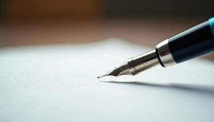 Fototapeta premium Elegant fountain pen poised above blank white sheet , macro, office, texture