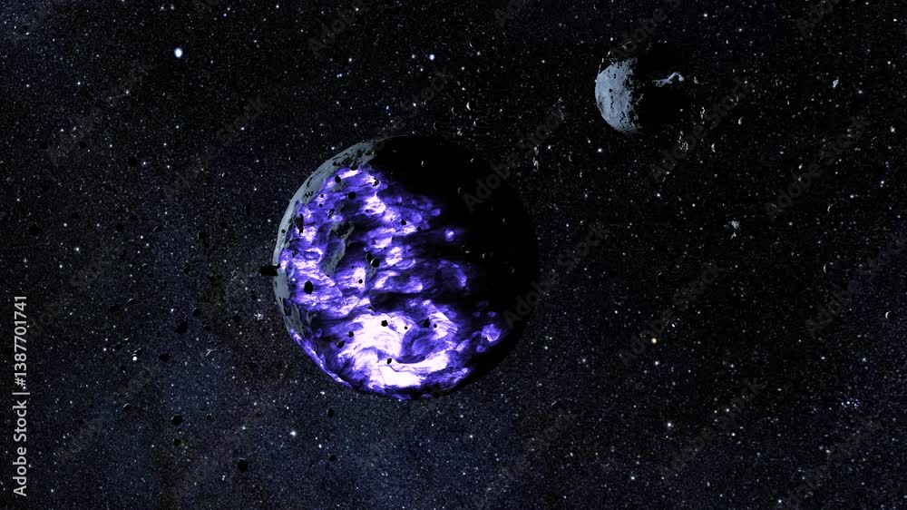 Canvas Prints dying alien planet glowing in deep space with asteroids, 3d rendering