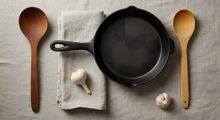 Preparing Meal Black Cast Iron Pan Wooden Spoons and Garlic Overhead