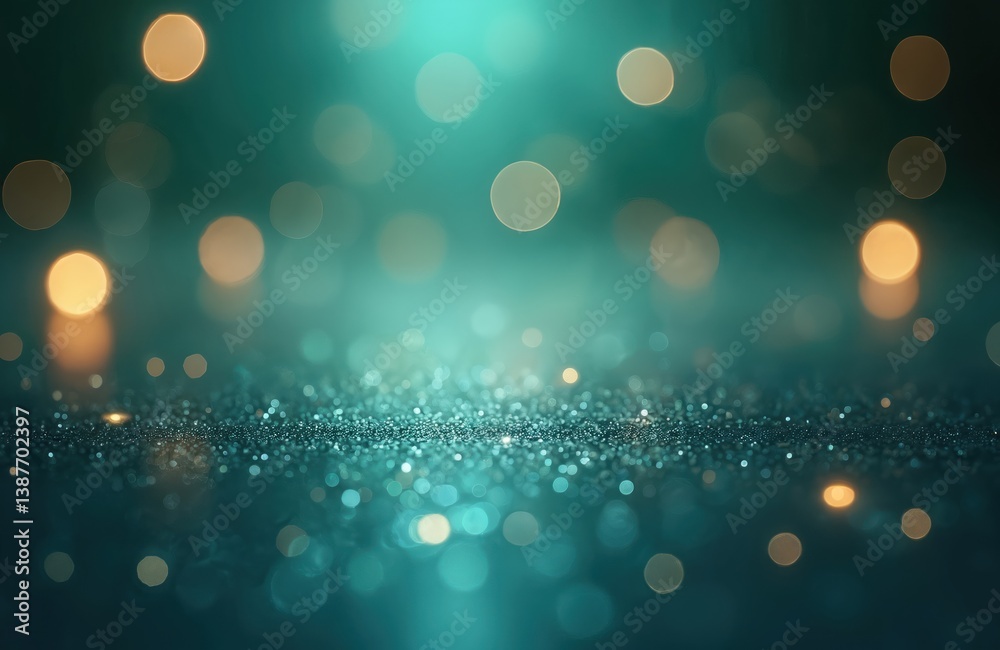 Poster Abstract shimmering surface reflecting out-of-focus glowing lights. Bokeh effect background teal color, golden highlights. Perfect for festive, holiday, celebration projects with dreamy magical