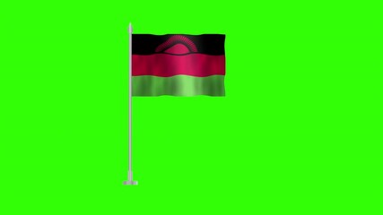 Flag of Malawi, Pole flag of Malawi on Green screen chroma key, Malawi 3D Animation flag waving in the wind isolated on Green Background. 
