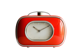 A vibrant red alarm clock with a timeless vintage design, photographed on a white background, highlighting its metallic top and rounded edges.