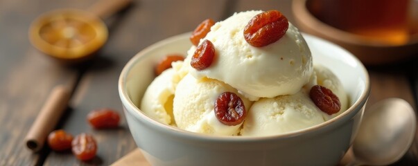Creamy white ice cream with rum-soaked raisins, creamy, sweet