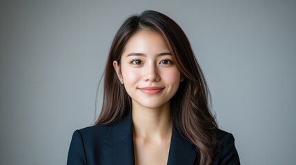 Obraz premium A young woman with long brown hair smiles directly at the camera. She wears a dark blazer. The image is a high-quality headshot against a neutral gray background. The style is professional and clean.